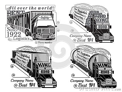 Set of silhouette of trucks with trailer, logs, gas tank, refrigerator Vector Illustration